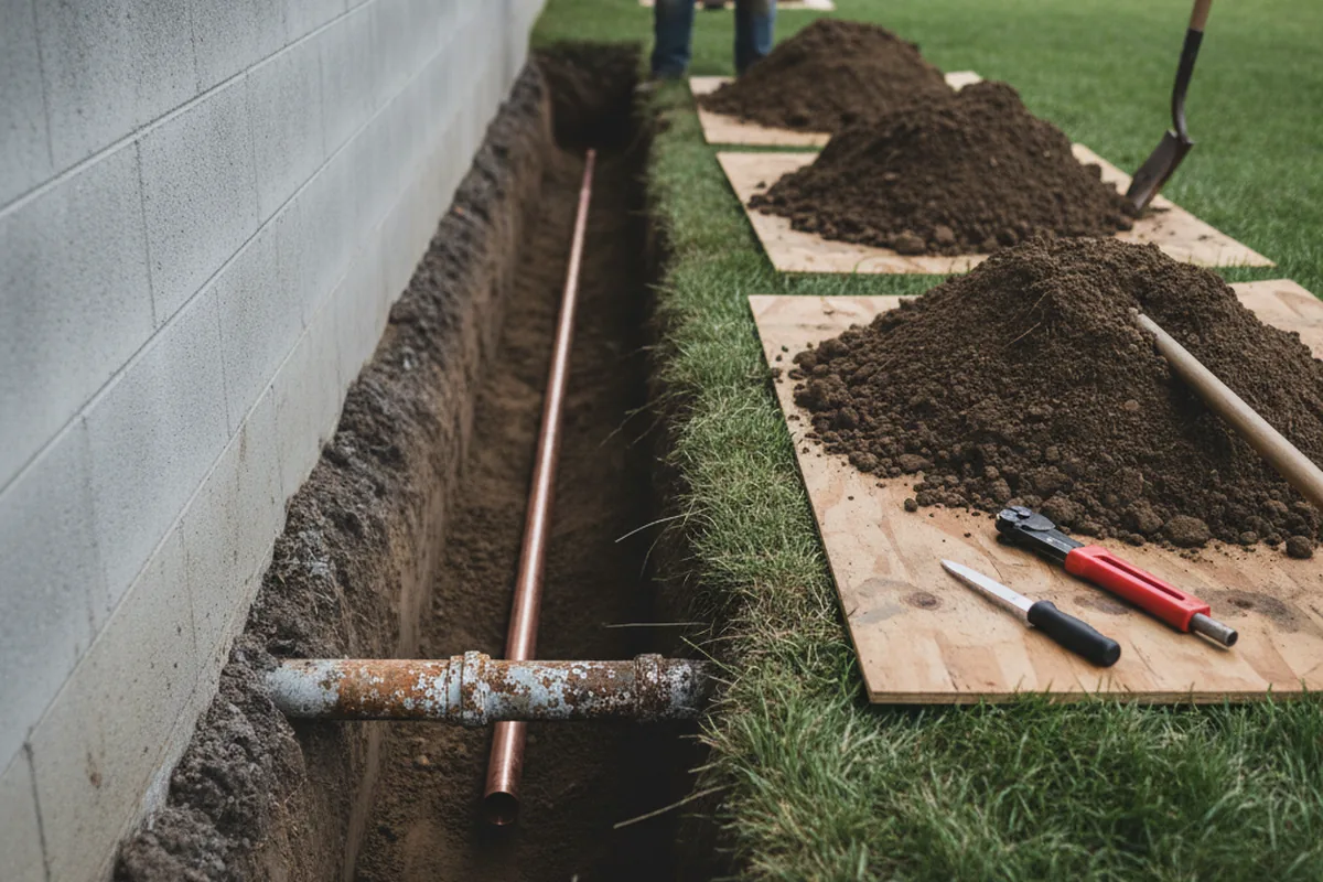 Excavated water line trench during Sewer Line Repair in Appomattox